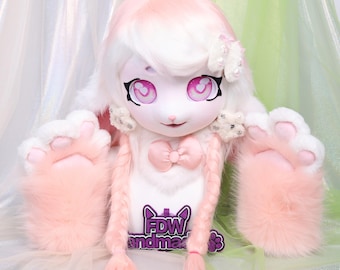 Kigurumi Pink White Bunny Fursuit Head With Twin Braids Lop Ears Soft Faux Fur Cartoon Eyes Bow Accessories And Pink Paw Gloves Cosplay Gift