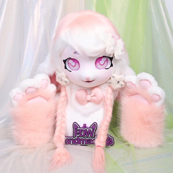 Kigurumi Cabeça de Coelho Rosa e Branca com Tranças Duplas, Orelhas Caídas, Pele Sintética Macia, Olhos de Desenho Animado, Laço e Luvas Rosas para Cosplay - Presente
