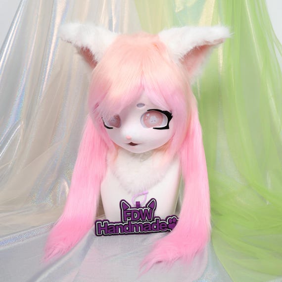 Kigurumi Pink Cat Fursuit Head With Soft Peach and Hot Pink Faux