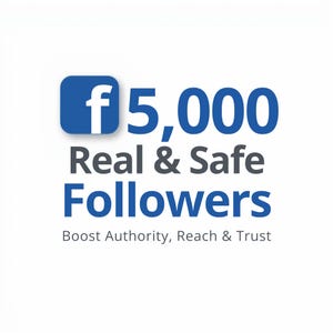 Può includere: Uno sfondo bianco con un logo blu di Facebook in un quadrato, seguito dal testo "5,000 Real & Safe Followers". Sotto, il testo "Boost Authority, Reach & Trust" è visualizzato in un carattere più piccolo.
