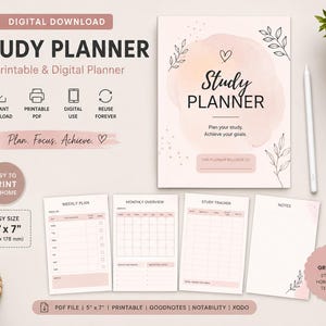 Può includere: Un set di pianificatori di studio digitali con una copertina su sfondo acquerello rosa pallido, testo nero e disegni botanici a linee. Include pagine per piano settimanale, panoramica mensile, tracker di studio e note da 127 x 178 mm con stilo.