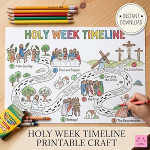 May include: A printable Holy Week Timeline craft with illustrations of biblical scenes, including Palm Sunday, The Last Supper, and The Crucifixion. The image includes a box of Crayola crayons and colored pencils.