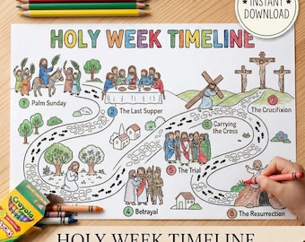 Tijdlijn kleurplaat voor kinderen, Pasen Bijbelverhaal aftellen placemat, zondagsschool vastentijd activiteit, Instant Download