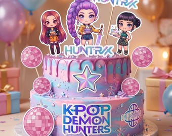 Kpop-taarttoppers en stickerdecoraties, Huntrix Rumi Mira Zoey-verjaardagstaartdecor, afdrukbare Kpop Demon Hunters-feestartikelen - pdf