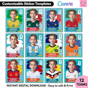 Puede incluir: Un conjunto de doce plantillas de pegatinas digitales personalizables que muestran a una persona joven con varias camisetas de fútbol. Cada tarjeta muestra un nombre, fecha de nacimiento, altura de 1,3m, peso de 37kg y los logotipos de Panini y FIFA.