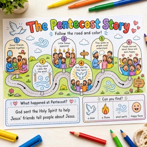 May include: A colorful children's activity sheet titled "The Pentecost Story." The illustration depicts a road with numbered scenes, including Jesus' friends, flames, and a dove. Text includes "Follow the road and color!" and "Jesus is Love!"
