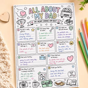 Utskrivbar fars dag-present | Allt om min pappa-intervju | Barn fyller i det tomma arbetsbladet | Pappa målarbild pyssel | Direkt nedladdning PDF