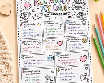 Fathers Day Printable Gift | All About My Dad Interview | Kids Fill In The Blank Worksheet | Dad Coloring Page Craft | Instant Download PDF