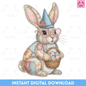 Patchwork floreale di coniglietto pasquale in formato PNG / Clipart primaverile di Pasqua / PNG di Pasqua alla moda / Maglietta coniglietto pasquale / Clipart di coniglio carino / Download digitale