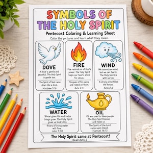 May include: A Pentecost colouring and learning sheet titled "Symbols of the Holy Spirit." The sheet features illustrations of a dove, fire, wind, water, and oil, with accompanying text explaining their significance. Colouring pencils are visible around the sheet.