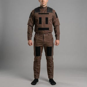 Op de afbeelding: Bruin tactisch pak met zwarte accenten. Het pak bestaat uit een top met lange mouwen met schoudervulling en een hoge kraag, en een bijpassende broek. Het pak heeft zwarte patches op de borst, schouders en knie&euml;n.