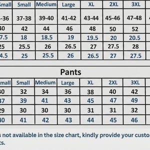 Op de afbeelding: Een maattabel met afmetingen voor tops en broeken. Afmetingen zijn onder meer borstomvang, borst, schouder, lengte, mouwen, taille, heupen, binnenbeenlengte en lengte. Maten vari&euml;ren van X-Small tot 5XL.