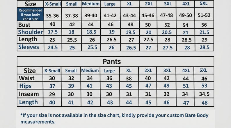 Op de afbeelding: Een maattabel met afmetingen voor tops en broeken. Afmetingen zijn onder meer borstomvang, borst, schouder, lengte, mouwen, taille, heupen, binnenbeenlengte en lengte. Maten vari&euml;ren van X-Small tot 5XL.