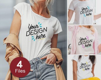 4+ White Bella Canvas 3001 Bundle T-Shirt Mockup