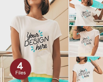 4+ White Bella Canvas 3001 Bundle T-Shirt Mockup