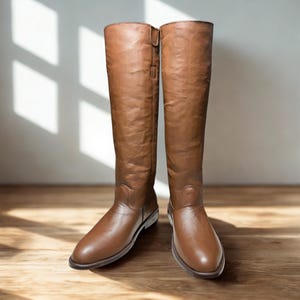 Könnte beinhalten: Ein Paar hohe, braune Lederstiefel. Die Stiefel reichen bis zum Knie und haben eine glatte, polierte Oberfläche. Sie stehen auf einem Holzboden, mit Sonnenlicht, das Schatten auf die dahinterliegende Wand wirft. Klassischer, reiterlicher Stil.