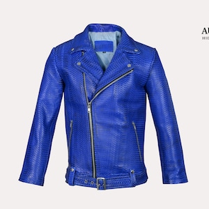 May include: A bright blue motorcycle jacket with a textured snakeskin pattern, featuring a silver-tone asymmetrical front zip, notched lapels with silver snaps, two zipped side pockets, and a buckled belt at the hem. The brand Auron Hide Leather is visible.