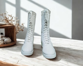 Pro Wrestling Boots | Handmade Leather Wrestler Boot | Custom White Tall Lace-Up Leather Shoes