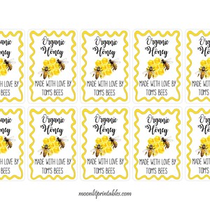 May include: Ten yellow and white labels with a wavy border. Each label features a cartoon bee and honeycomb with the text "Organic Honey" and "Made with love by Tom's Bees".