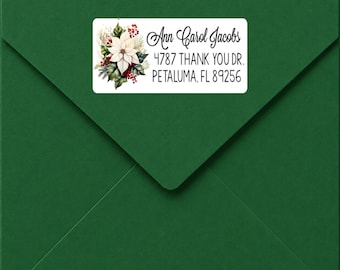 Christmas Return Address Labels Personalized, Custom Holiday Mailing Stickers, Poinsettia Envelope Labels, 2.5 x 1 Inch Peel & Stick