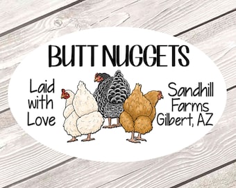 Personalized Egg Carton Labels | Farm Fresh Egg Stickers, Butt Nuggets Custom Chicken Coop Sticker, Backyard Chicken Handling Label