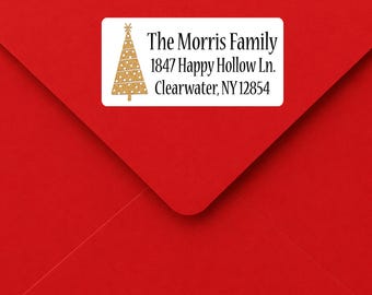 Personalized Christmas Tree Return Address Labels | Custom Holiday Mailing Stickers, Peel & Stick Christmas Card Labels 2.5x1