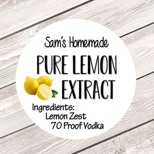 May include: White round label with black text that reads "Sam's Homemade Pure Lemon Extract".  Below the text are three yellow lemons and the text "Ingredients: Lemon Zest 70 Proof Vodka".