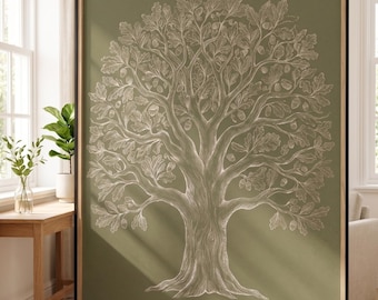 Oak Tree Wall Art, Botanical Tree Print, Vintage Nature Illustration, Rustic Woodland Decor, Sage Green Printable