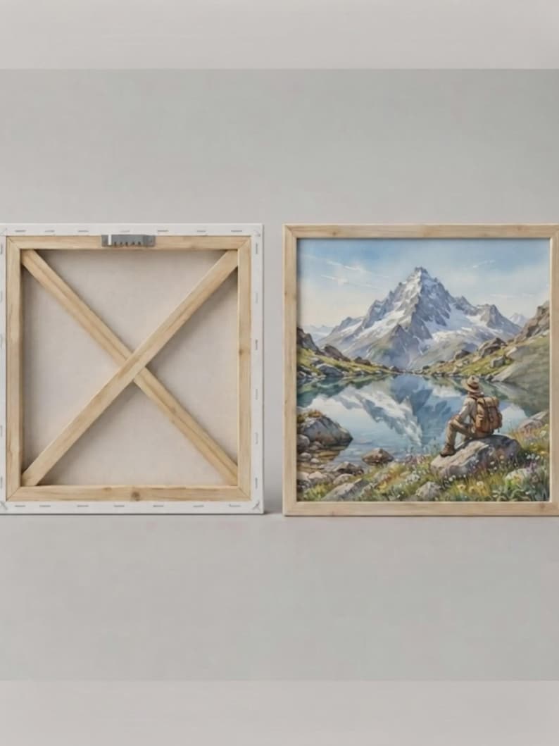 May include: A square canvas print featuring a watercolor painting of a hiker with a backpack sitting on a rock by a mountain lake, with a snow-capped peak reflected in the water. The back shows a wooden frame with a metal hanging bracket.