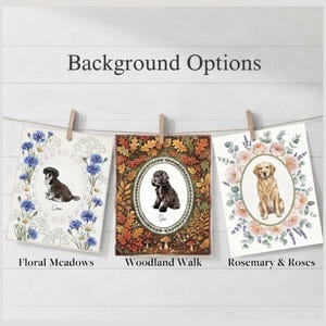May include: Three rectangular prints hanging on a string with wooden clips. The left print features a dog surrounded by blue cornflowers and daisies labeled Floral Meadows. The center print shows a dog in autumn leaves labeled Woodland Walk. The right print displays a dog framed by roses and rosemary labeled Rosemary & Roses.