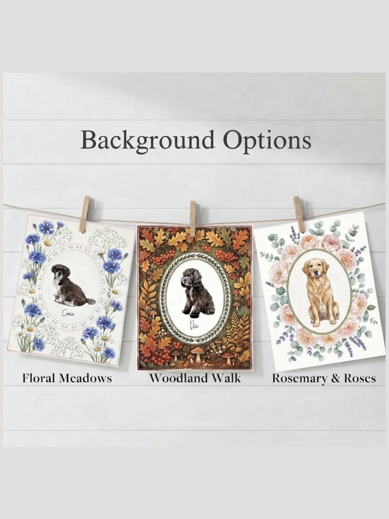 May include: Three rectangular prints hanging on a string with wooden clips. The left print features a dog surrounded by blue cornflowers and daisies labeled Floral Meadows. The center print shows a dog in autumn leaves labeled Woodland Walk. The right print displays a dog framed by roses and rosemary labeled Rosemary & Roses.