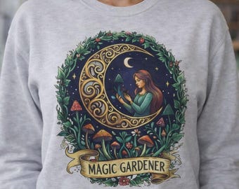 Magic Gardener Sweatshirt, Witchy Gardening Crewneck, Cottagecore Moon Sweater, Botanical Fantasy Shirt, Gift for Garden Lover Gift Idea