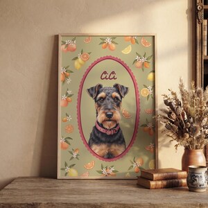 May include: A framed rectangular wall art print featuring a portrait of a black and tan terrier dog wearing a pink collar. The dog is centered within a scalloped oval frame, surrounded by a pattern of oranges, lemons, and white blossoms on a sage green background. The name CiCi is printed in script above the dog.
