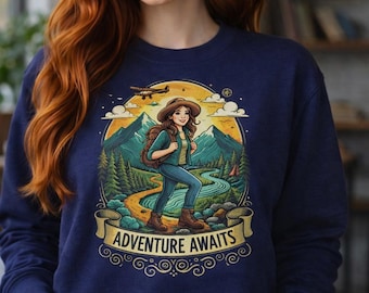 Moletom "A Aventura Aguarda", Presente para Amantes de Trilhas, Camiseta para Aventuras ao Ar Livre, Blusa com Estampa de Montanha, Moletom Gola Redonda para Amantes da Natureza, Presente para Amantes de Viagens