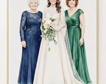 Custom Bride Mother Portrait, Personalized Wedding Illustration, Hand Painted Family Artwork, Mother Daughter Keepsake