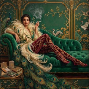 Påfågelglamorös väggkonst, vintagekvinnatryck, smaragdgrön soffdekor, lyxig maximalistisk affisch, stämningsfullt feminint konstverk