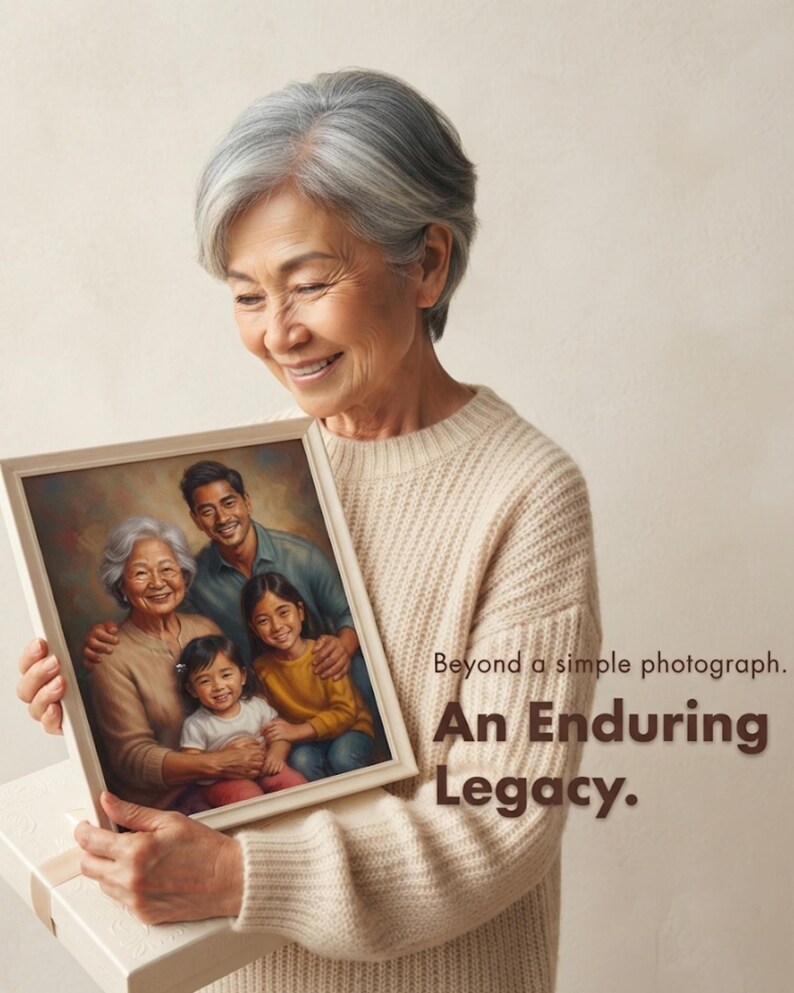 May include: A square framed portrait painting depicting a multi-generational family of four, including an older woman, a man, and two young girls. The text on the right reads: Beyond a simple photograph. An Enduring Legacy.