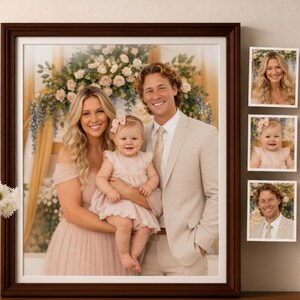 May include: A large dark wood frame containing a portrait of a family of three, with a woman in a blush pink dress, a man in a beige suit, and a baby in a matching pink dress. Three smaller square prints of the individuals are attached to the side.