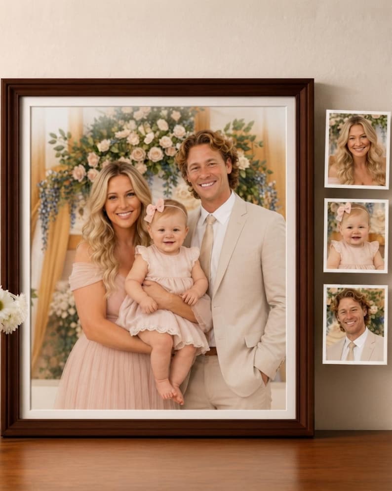 May include: A large dark wood frame containing a portrait of a family of three, with a woman in a blush pink dress, a man in a beige suit, and a baby in a matching pink dress. Three smaller square prints of the individuals are attached to the side.