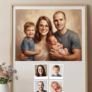 May include: A framed wall art piece featuring a painted family portrait of two adults, a toddler, and a newborn baby. Below the portrait are four individual square photographs of each family member. The text "Made with affection and attention." is printed at the top.