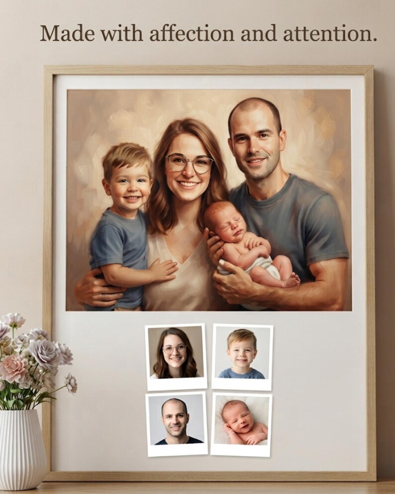 May include: A framed wall art piece featuring a painted family portrait of two adults, a toddler, and a newborn baby. Below the portrait are four individual square photographs of each family member. The text "Made with affection and attention." is printed at the top.