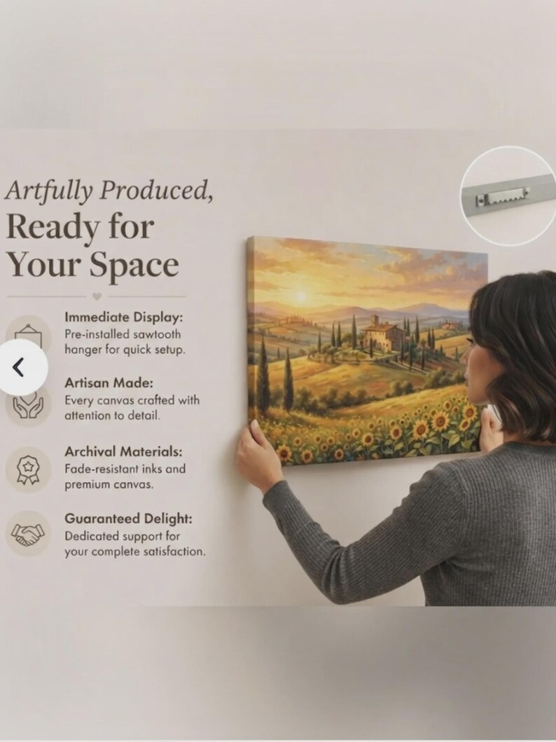 May include: A rectangular canvas wall art print featuring a landscape of a Tuscan villa surrounded by sunflower fields at sunset. The text reads: Artfully Produced, Ready for Your Space, Immediate Display, Artisan Made, Archival Materials, Guaranteed Delight.