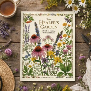 Può includere: Un libro intitolato "The Healer's Garden" con un'illustrazione floreale, circondato da fiori, un cappello di paglia, una tazza di tè e forbici su una superficie di legno. La copertina del libro presenta vari fiori colorati e il nome dell'autore, Sophia Laurent.