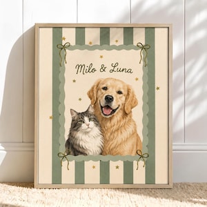 May include: A framed wall art print featuring a portrait of a golden retriever and a grey and white tabby cat. The text Milo & Luna is printed above the animals. The background has vertical green stripes, small gold stars, and a scalloped border.