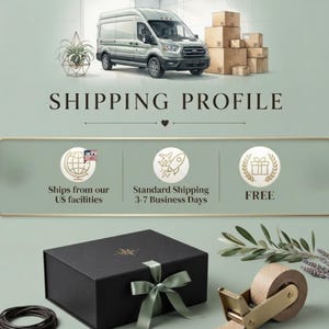 May include: A black rectangular gift box with a sage green ribbon, a gold tape dispenser with patterned tape, and a coil of black cord. The graphic includes a delivery van, stacked cardboard boxes, and text reading SHIPPING PROFILE.