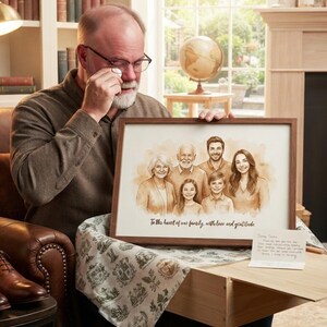 May include: A framed sepia-toned watercolor portrait of a six-person family, featuring two older adults, two younger adults, and two children. The print includes the handwritten text, To the heart of our family, with love and gratitude.