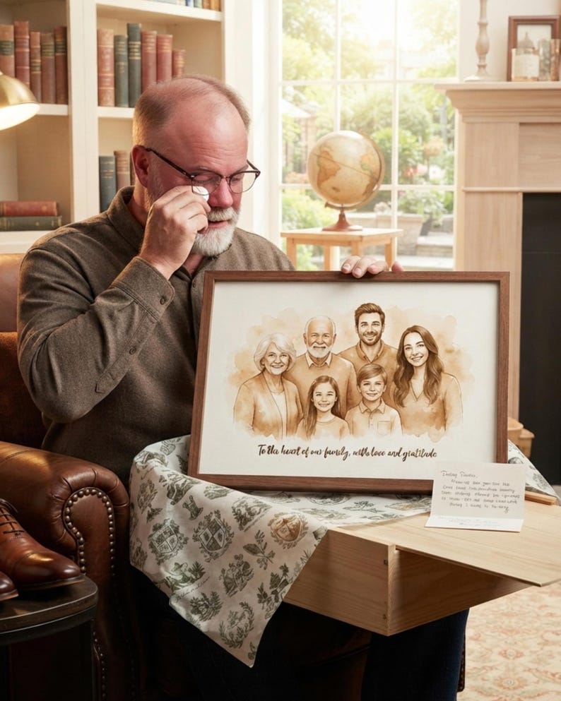 May include: A framed sepia-toned watercolor portrait of a six-person family, featuring two older adults, two younger adults, and two children. The print includes the handwritten text, To the heart of our family, with love and gratitude.