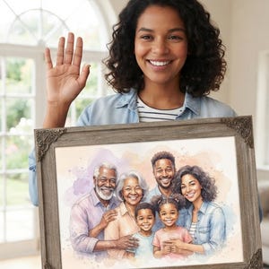 May include: A rectangular picture frame with a weathered wood finish and ornate metal corner accents, holding a watercolor-style portrait of a multi-generational family including two grandparents, two parents, and two young children.