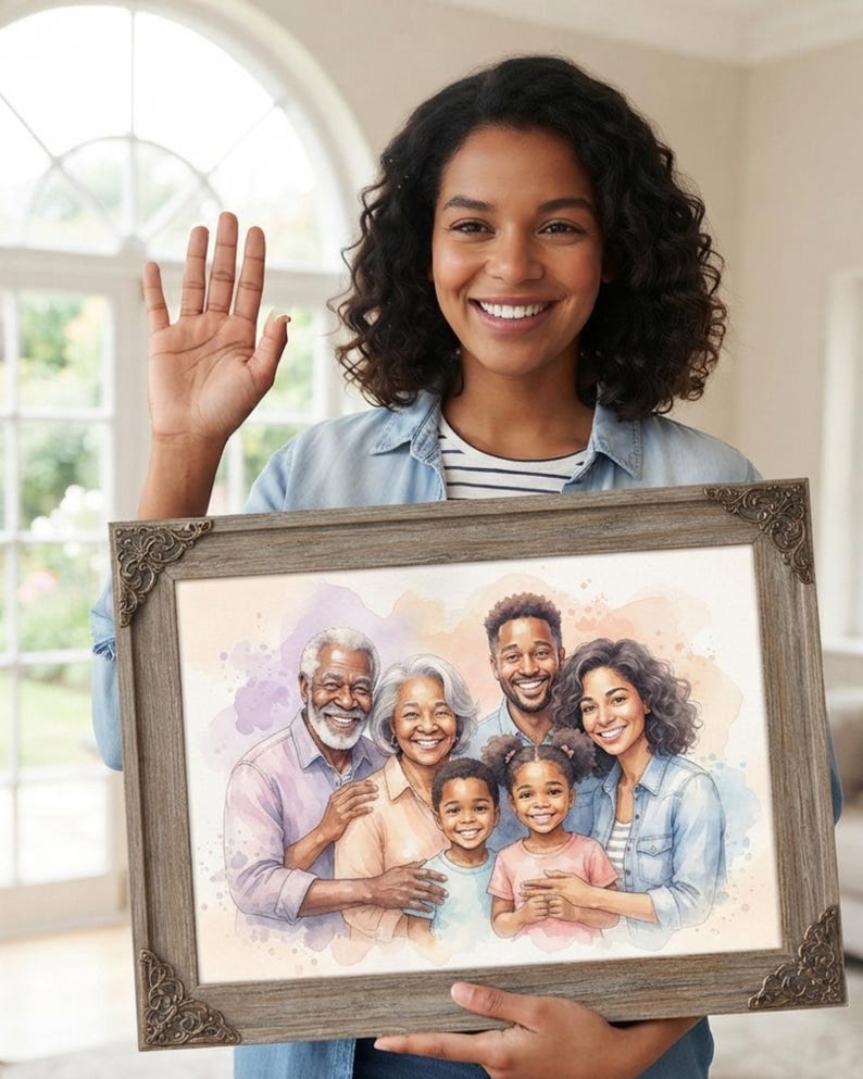 May include: A rectangular picture frame with a weathered wood finish and ornate metal corner accents, holding a watercolor-style portrait of a multi-generational family including two grandparents, two parents, and two young children.