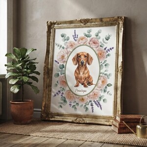 May include: A framed wall art print featuring a brown dachshund centered within an oval frame, surrounded by a watercolor wreath of pink roses, eucalyptus leaves, and purple lavender sprigs, with the name Penelope written below the dog.